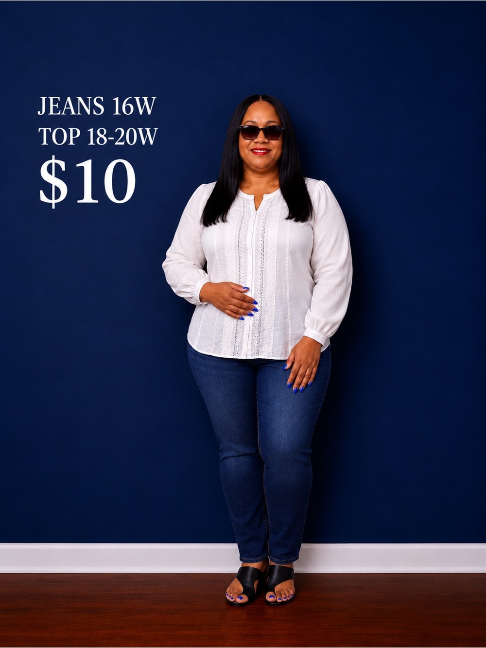 White Lace-Detail Peasant Blouse & Dark Blue Jeans Set